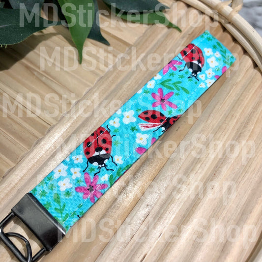 Blue Ladybug Print Fabric Keychain
