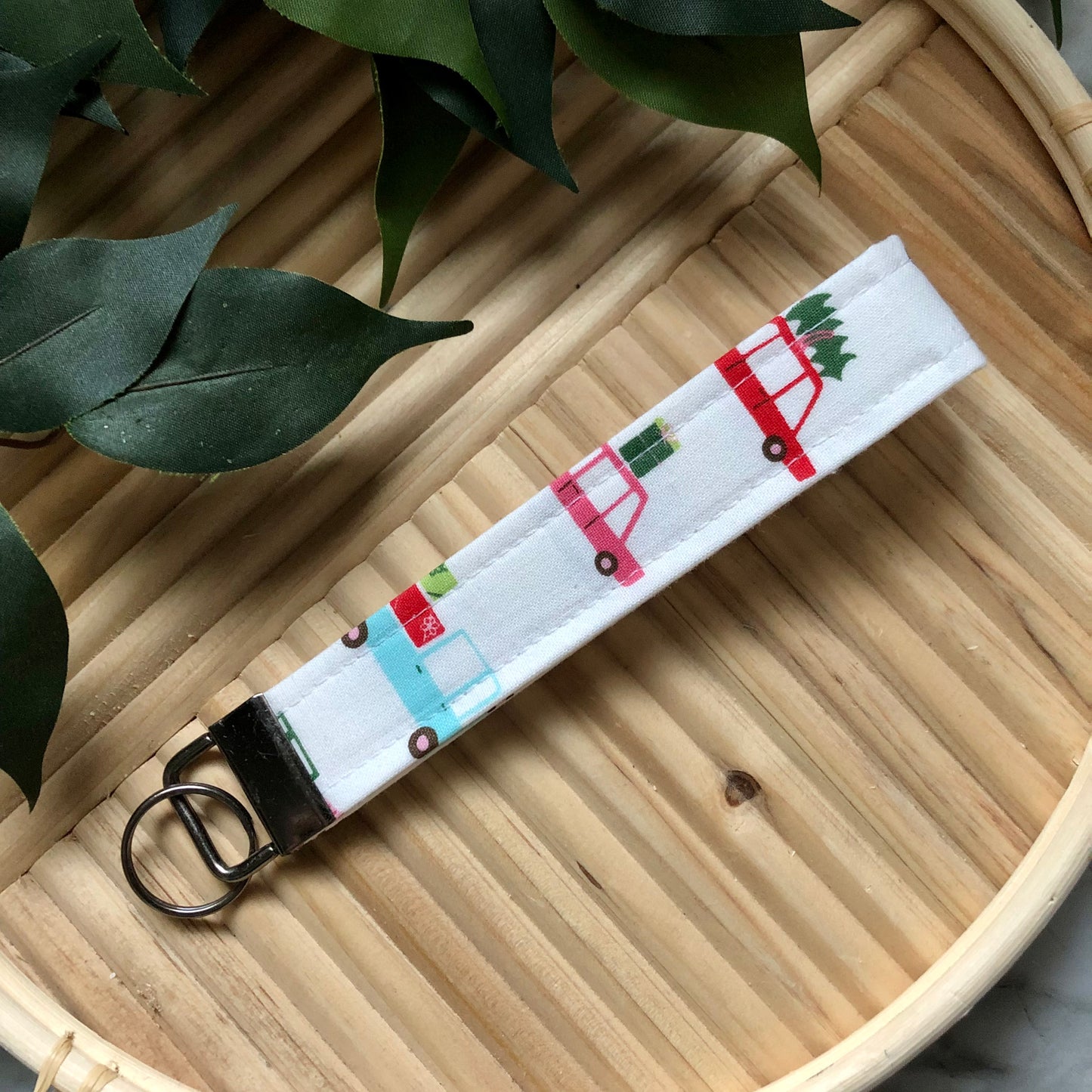 Holiday Car Print Fabric Wristlet Keychain, Key Fob