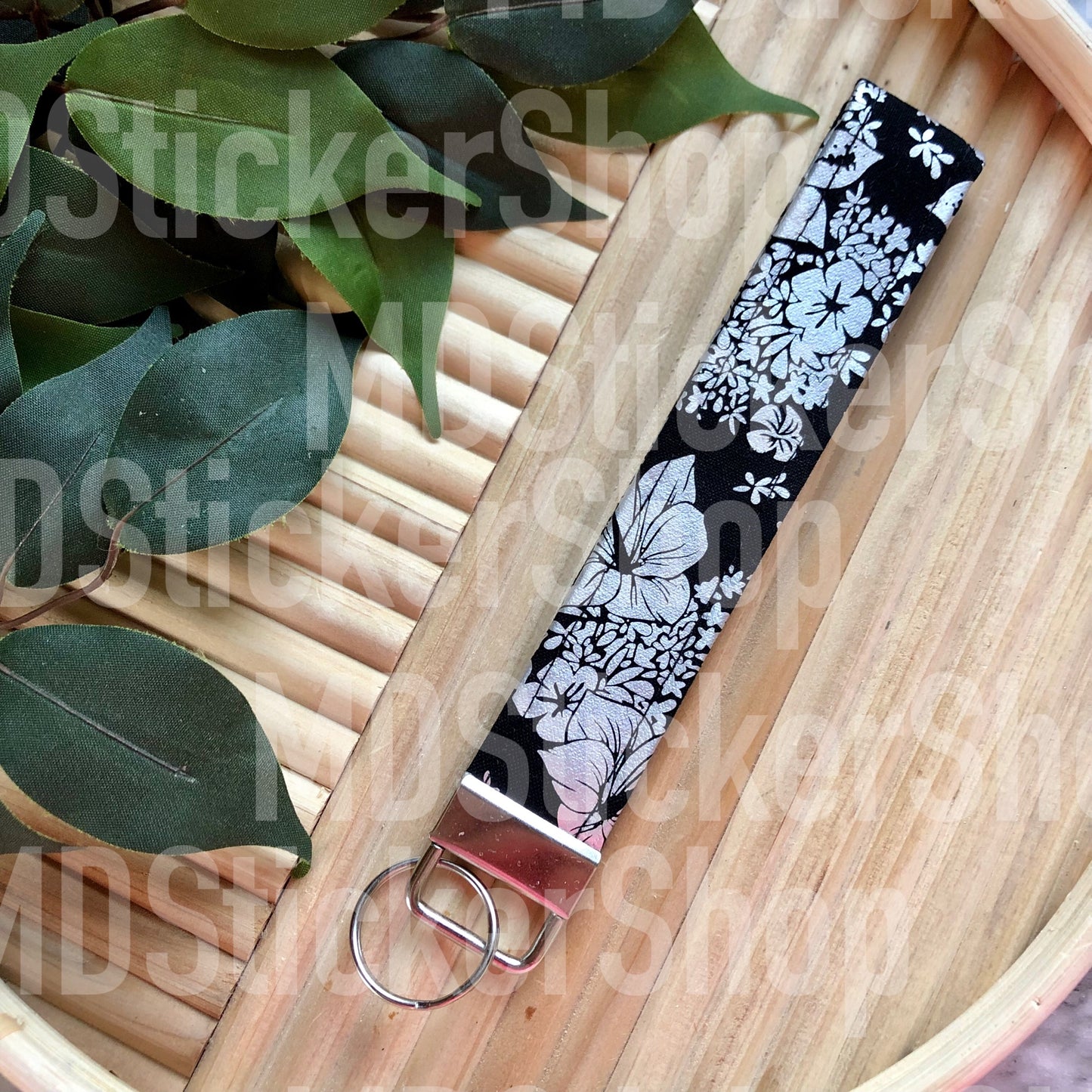Black and Silver Metallic Floral Print Fabric Keychain