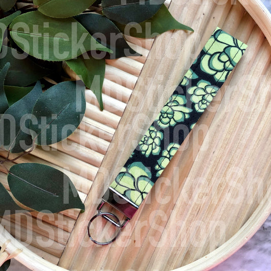 Black Succulent Print Fabric Keychain