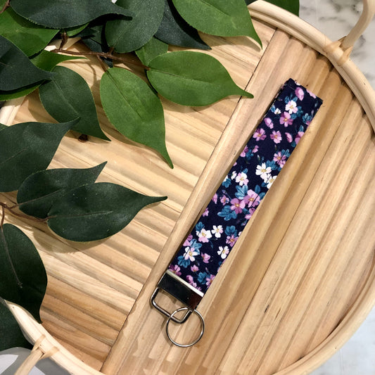 Purple on Navy Floral Print Fabric Keychain, Key Fob