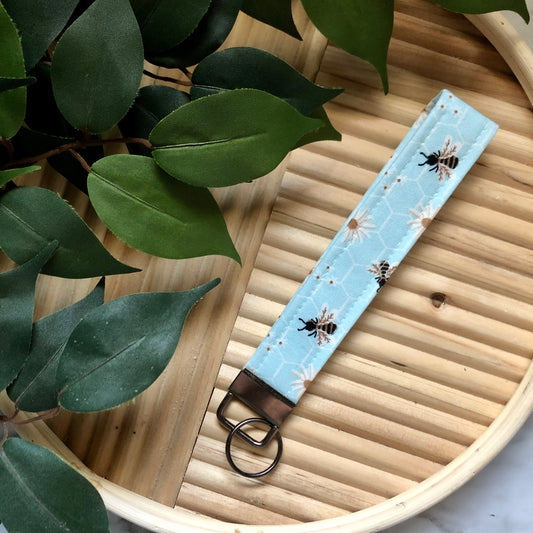 Daisies and Bees Blue Print Fabric Wristlet Keychain, Key Fob