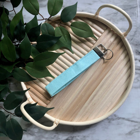 Aqua Glittery Print Fabric Wristlet Keychain, Key Fob