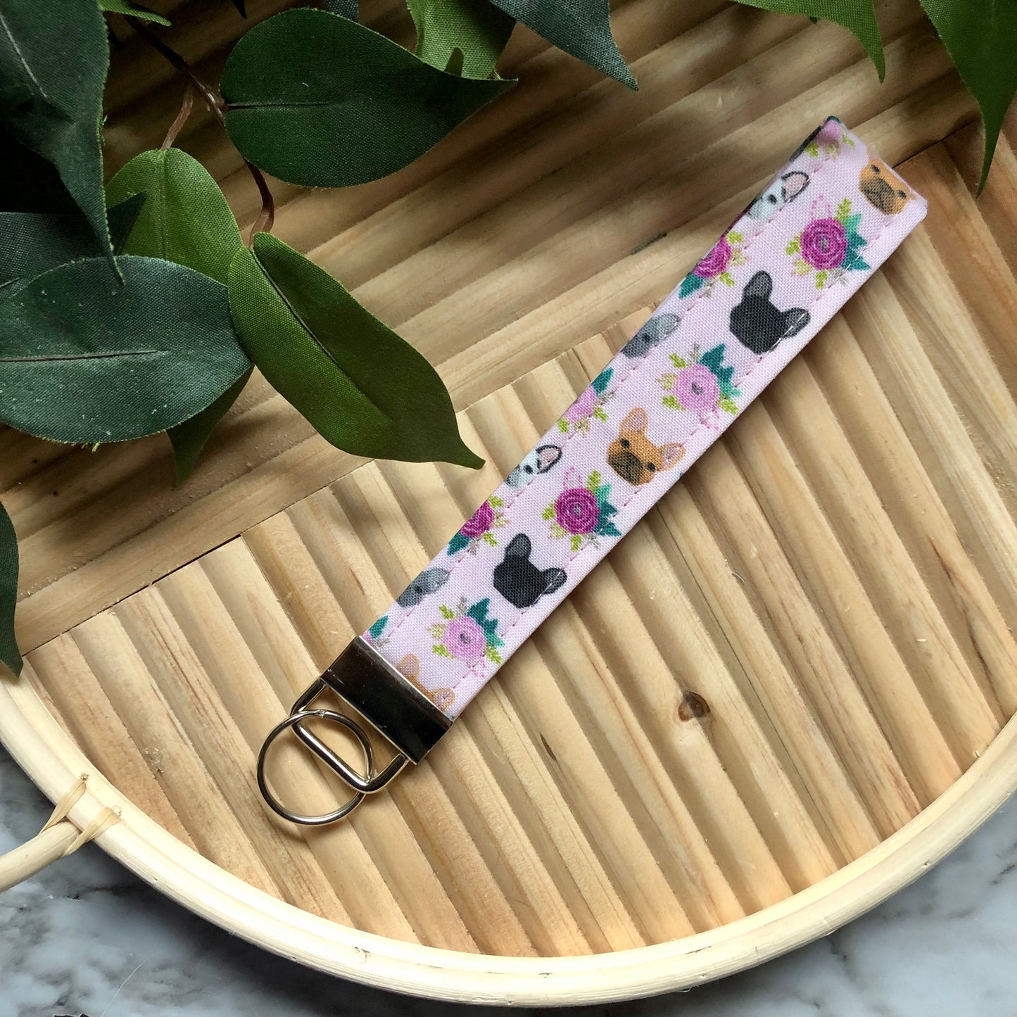 French Bulldogs and Flowers Print Fabric Wristlet Keychain, Key Fob