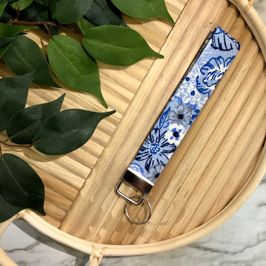 Blue Floral Print Fabric Keychain, Key Fob