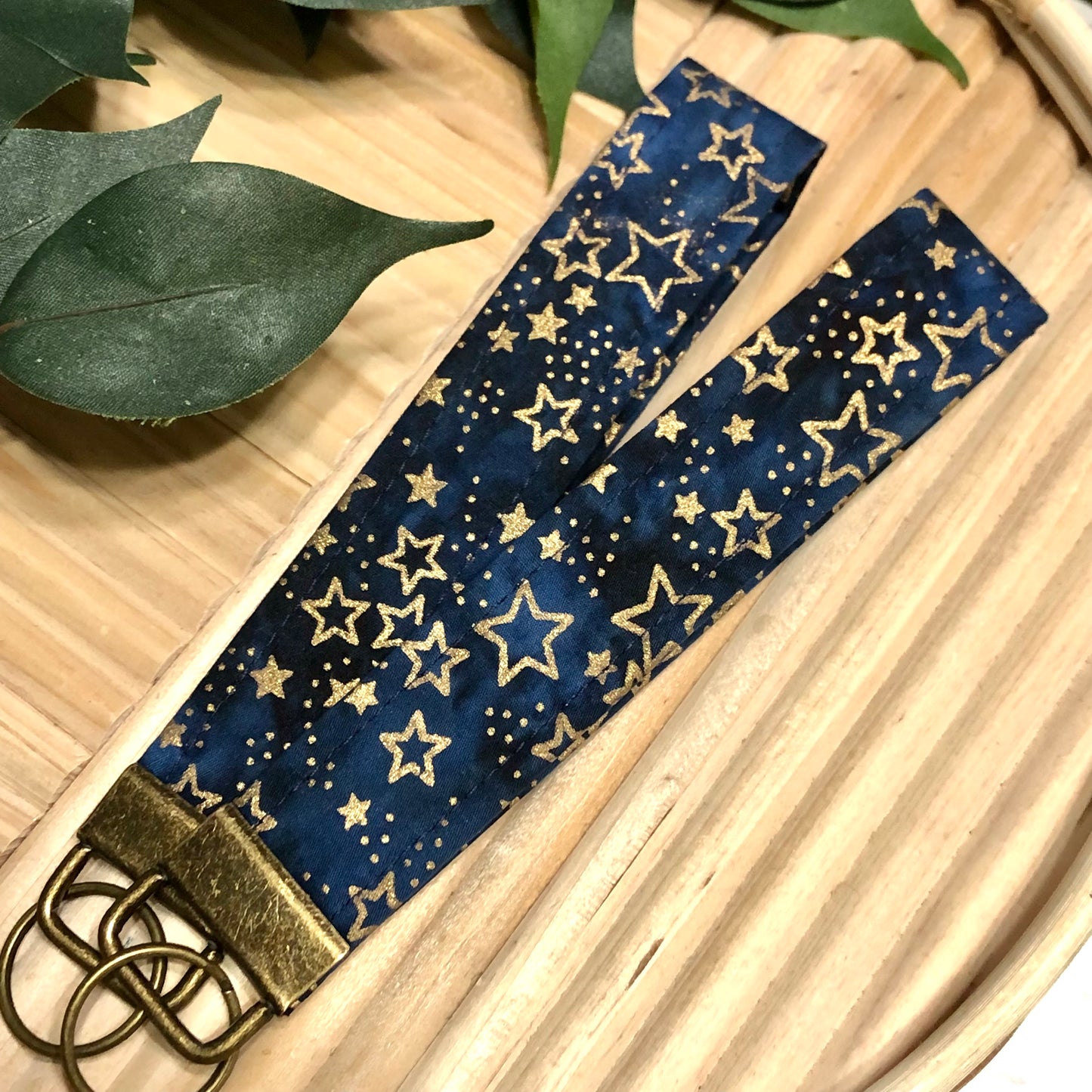 Patriotic Dark Navy & Gold Stars Print Fabric Wristlet Keychain, Key Fob
