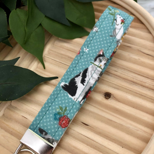 Floral Kitties Print Fabric Wristlet Keychain, Key Fob