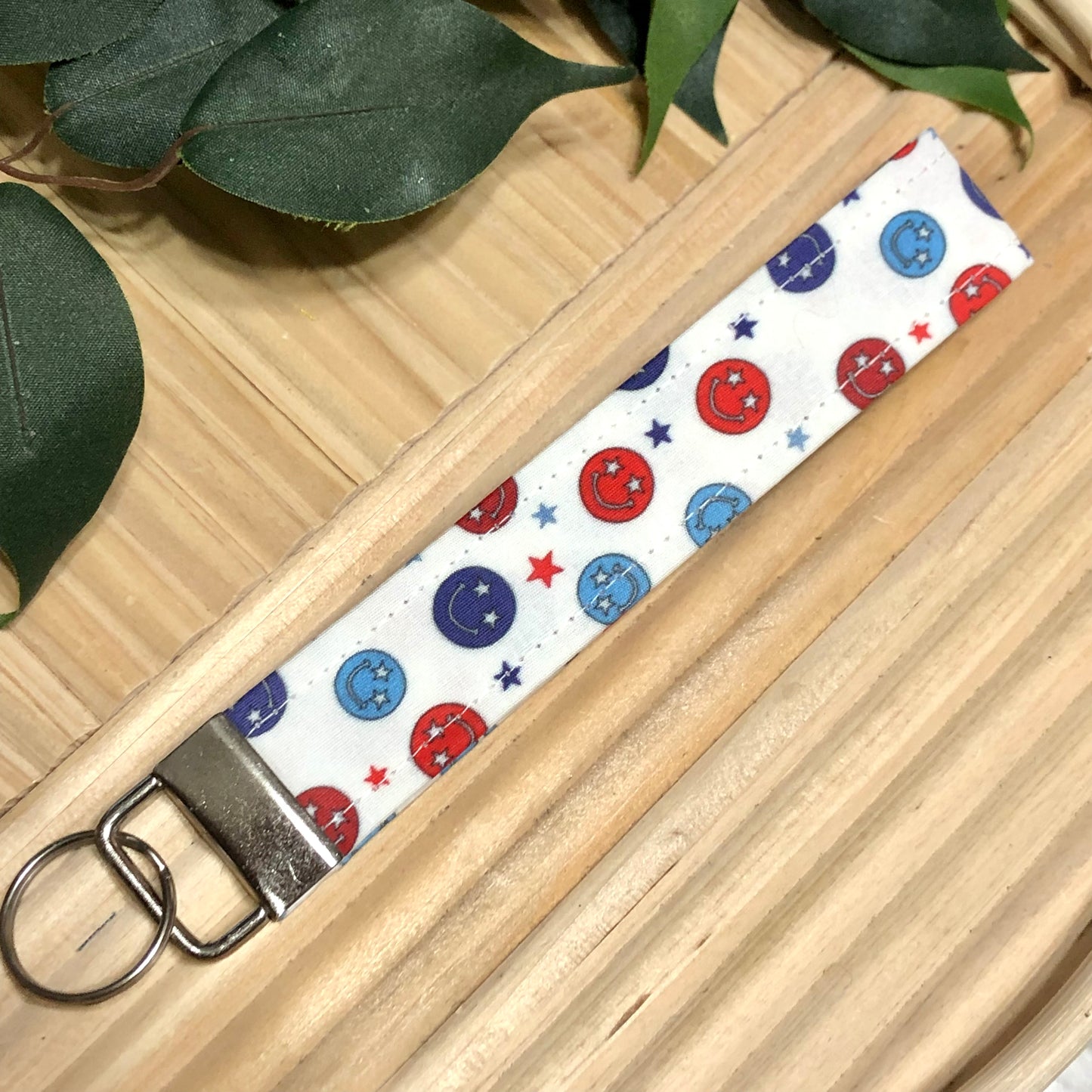 Patriotic Smiley Faces Print Fabric Wristlet Keychain, Key Fob