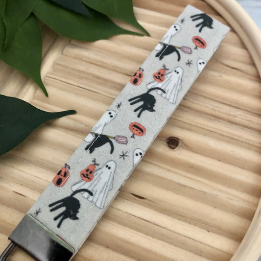 Ghosts and Cats Halloween Print Fabric Wristlet Keychain, Key Fob