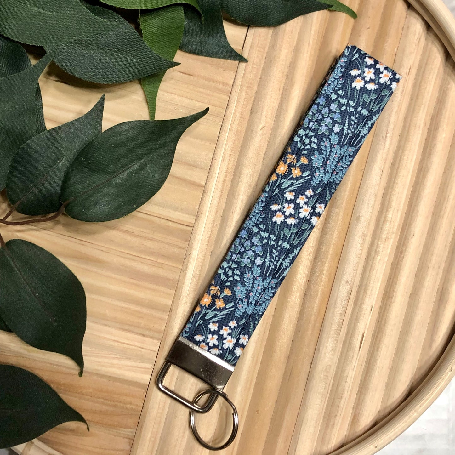 Navy Wildflower Print Fabric Wristlet Keychain, Key Fob
