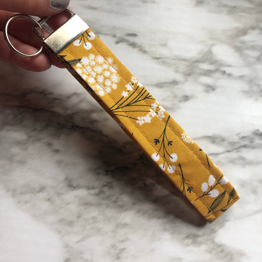 Mustard Floral Print Fabric Wristlet Keychain, Key Fob