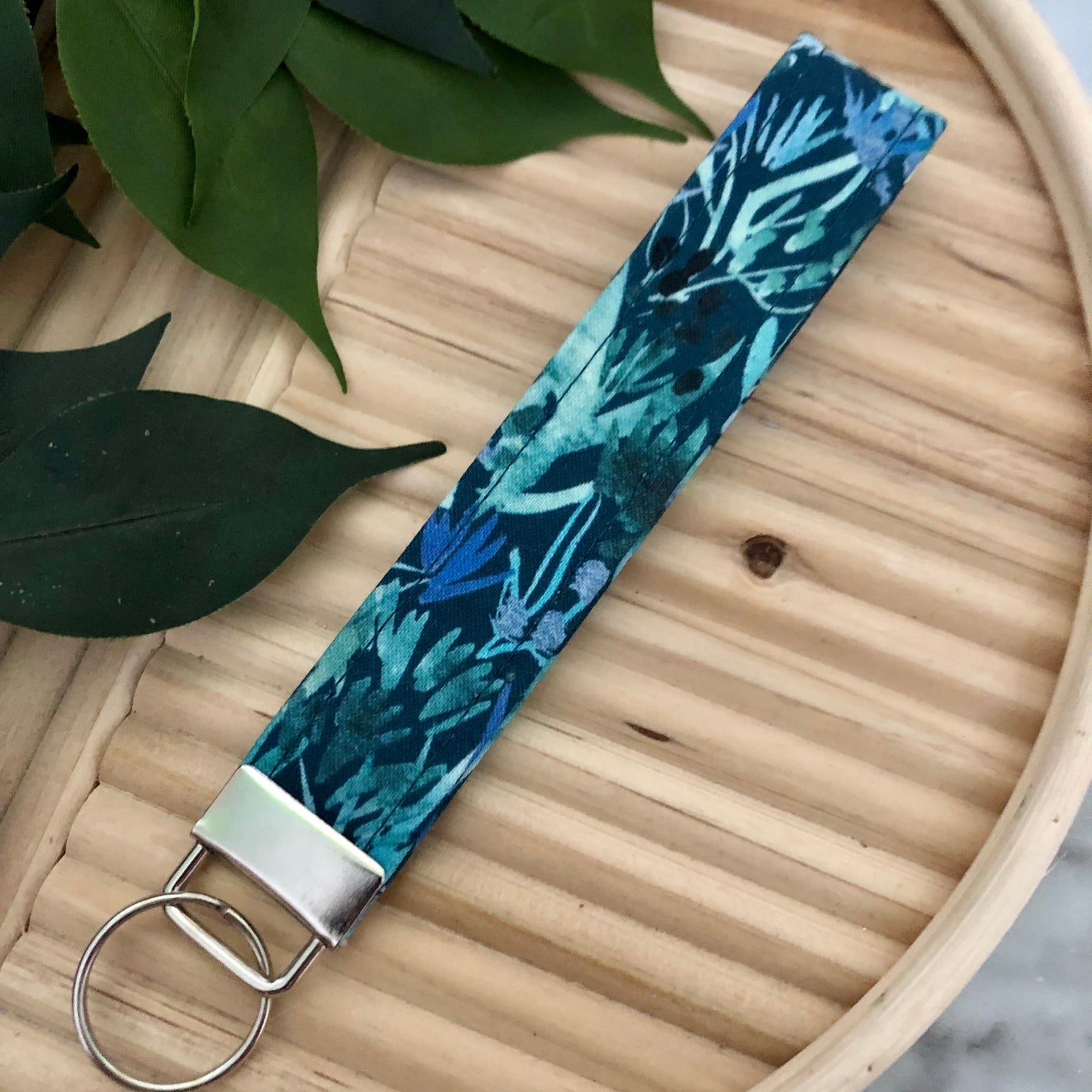 Navy Garden Print Fabric Wristlet Keychain, Key Fob