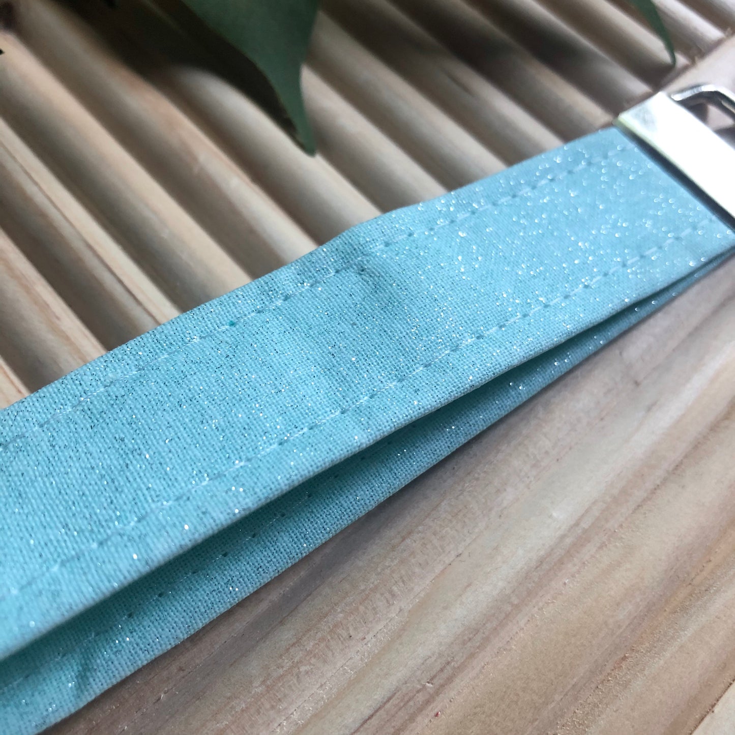 Aqua Glittery Print Fabric Wristlet Keychain, Key Fob