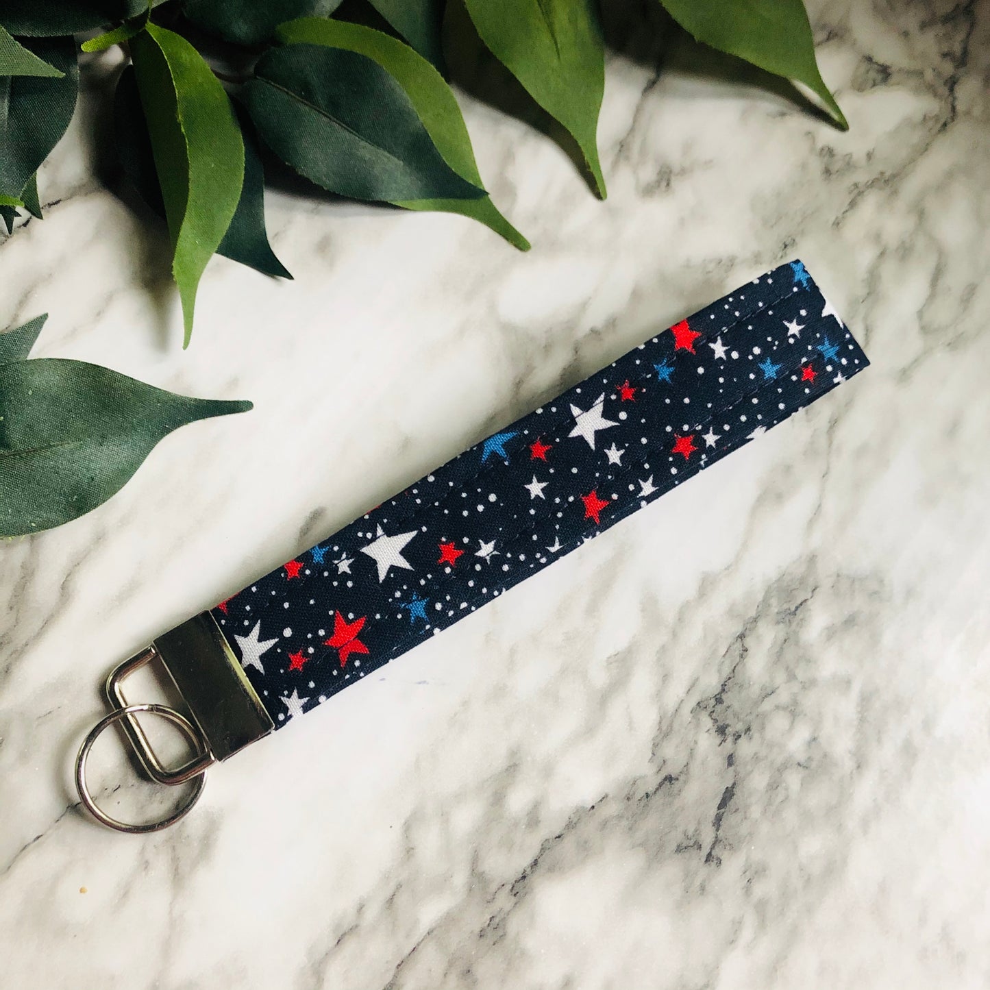 Dark Navy Mini Patriotic Star Print Fabric Wristlet Keychain, Key Fob