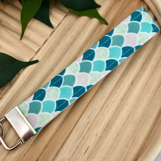 Teal Mermaid Scale Print Fabric Wristlet Keychain, Key Fob