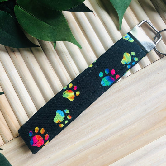 Black and Rainbow Tie Dye Paw Print Fabric Wristlet Keychain, Key Fob