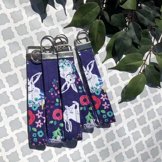 Blue Floral Bunny Print Fabric Wristlet Keychain, Key Fob