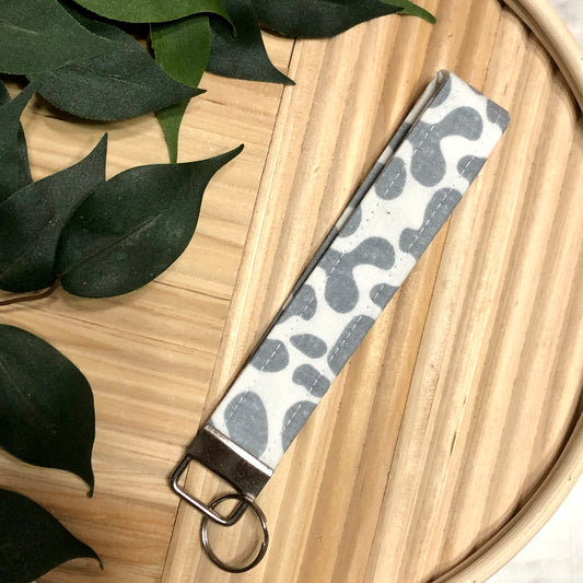 Grey Cow Print Fabric Wristlet Keychain, Key Fob