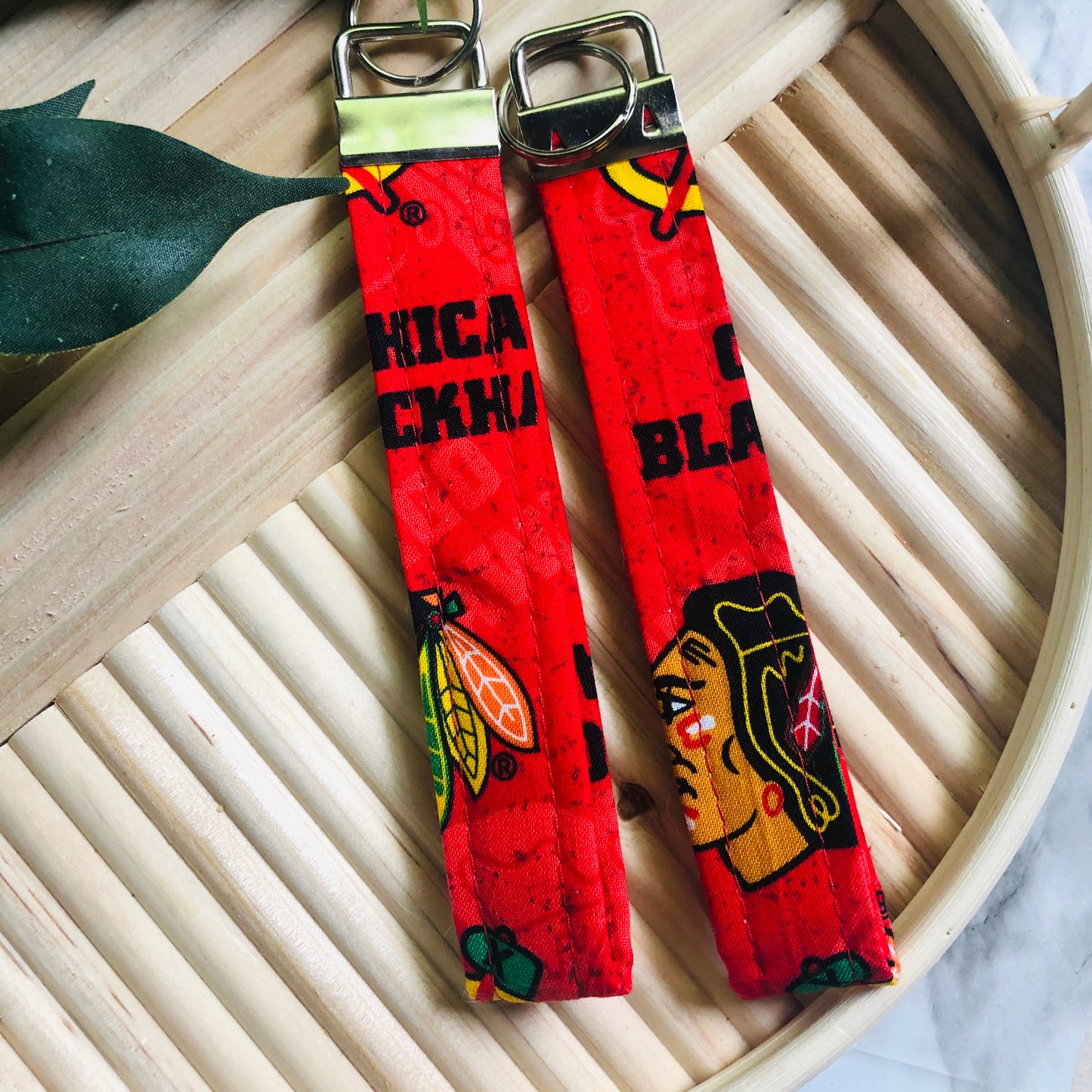 Chicago Blackhawks Hockey Red Print Fabric Wristlet Keychain, Key Fob