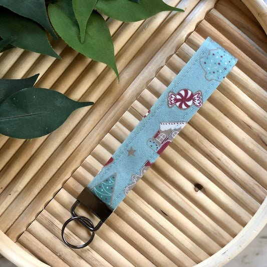 Gingerbread House Print Fabric Keychain, Key Fob