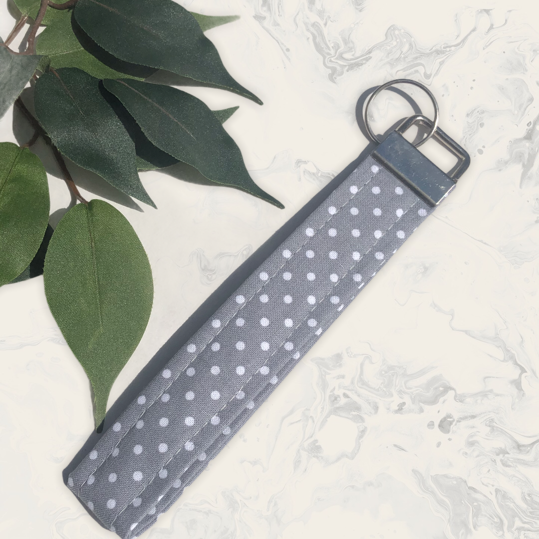 Grey with White Polka Dot Print Fabric Wristlet Keychain, Key Fob
