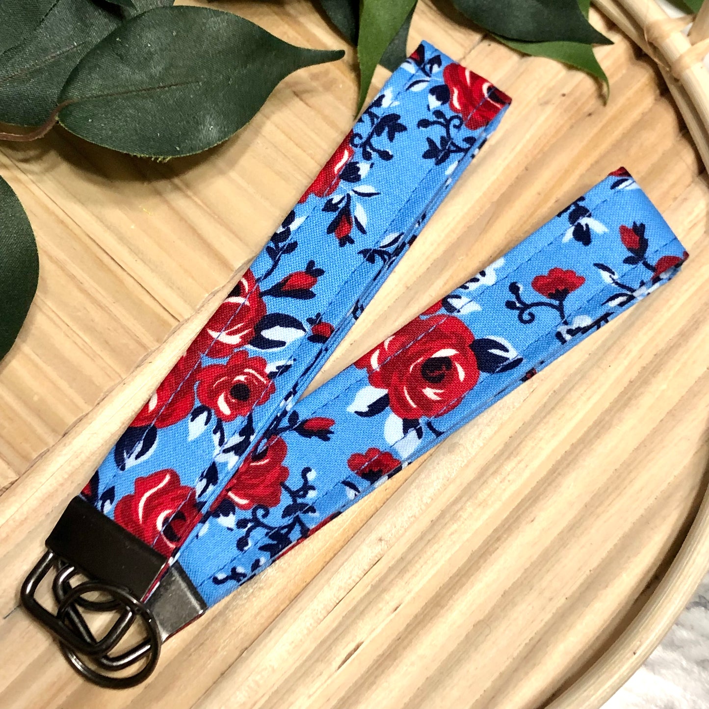 Patriotic Floral Print Fabric Wristlet Keychain, Key Fob