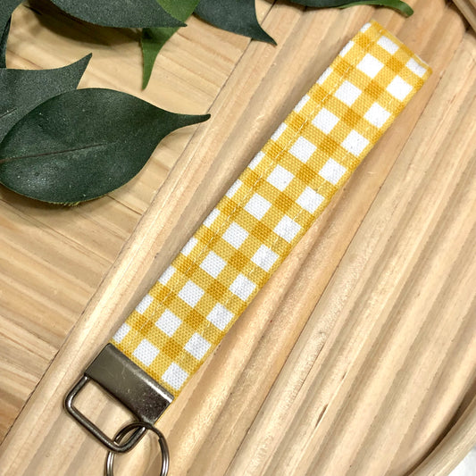Mustard Gingham Print Fabric Wristlet Keychain, Key Fob
