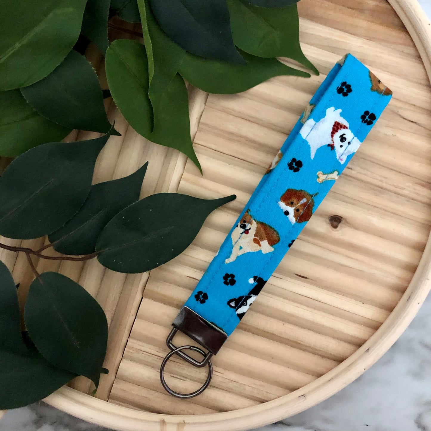 Blue Pups Print Fabric Wristlet Keychain, Key Fob