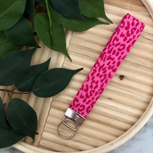 Pink Animal Print Fabric Wristlet Keychain, Key Fob