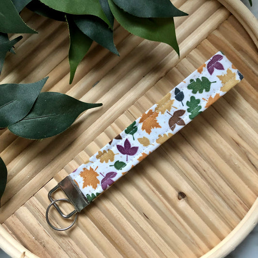 Fall Leaves Print Fabric Wristlet Keychain, Key Fob