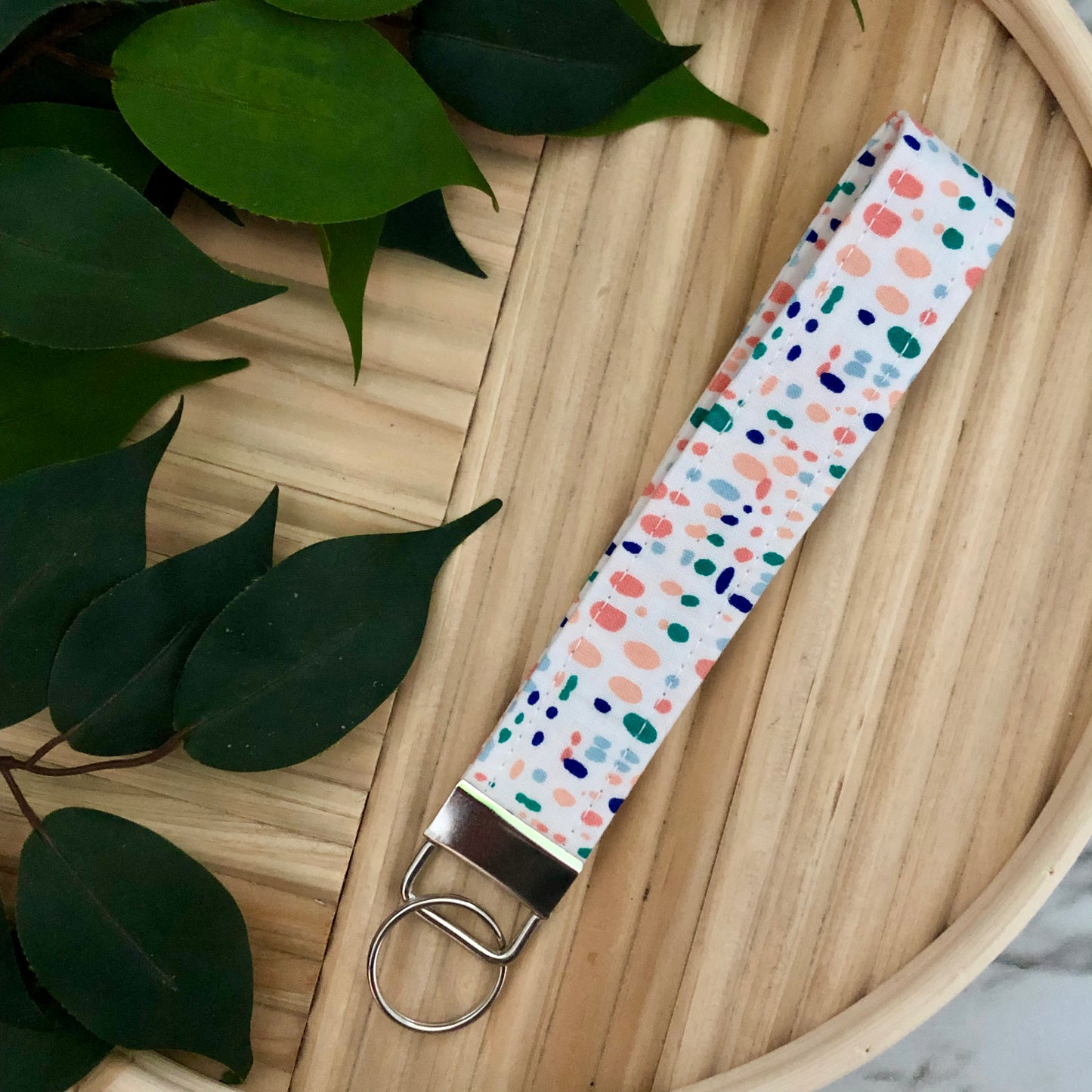 Pink/Blue/Green Dot Print Fabric Wristlet Keychain, Key Fob