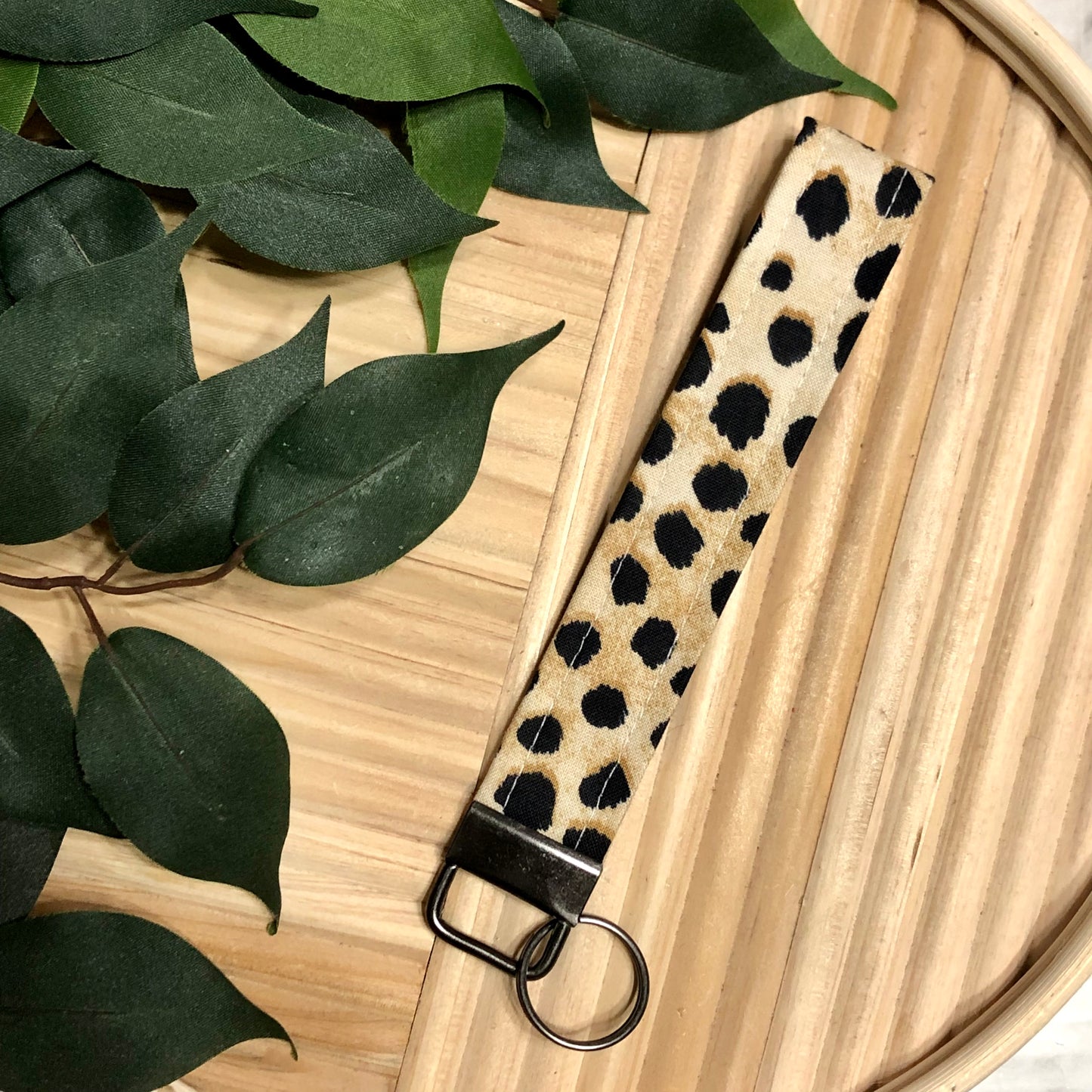 Natural Leopard Print Fabric Wristlet Keychain, Key Fob