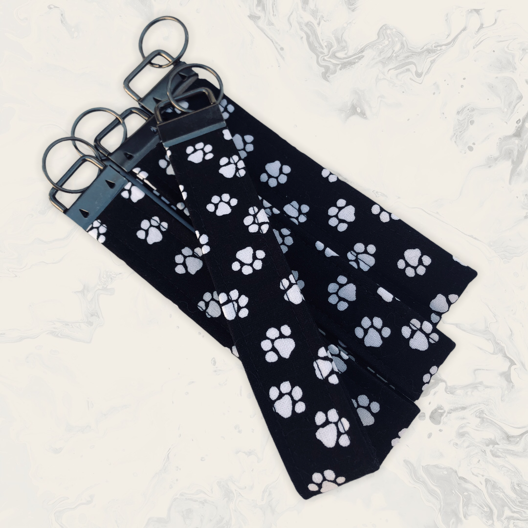 Black and White Paw Print Fabric Wristlet Keychain, Key Fob