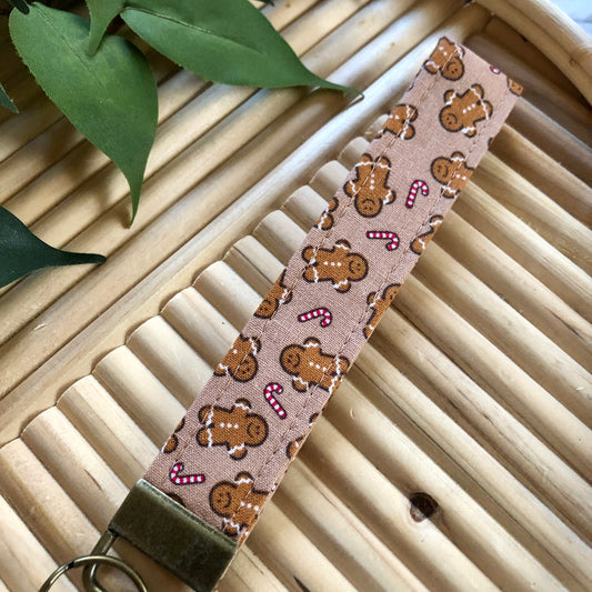 Gingerbread Man Print Fabric Keychain, Key Fob
