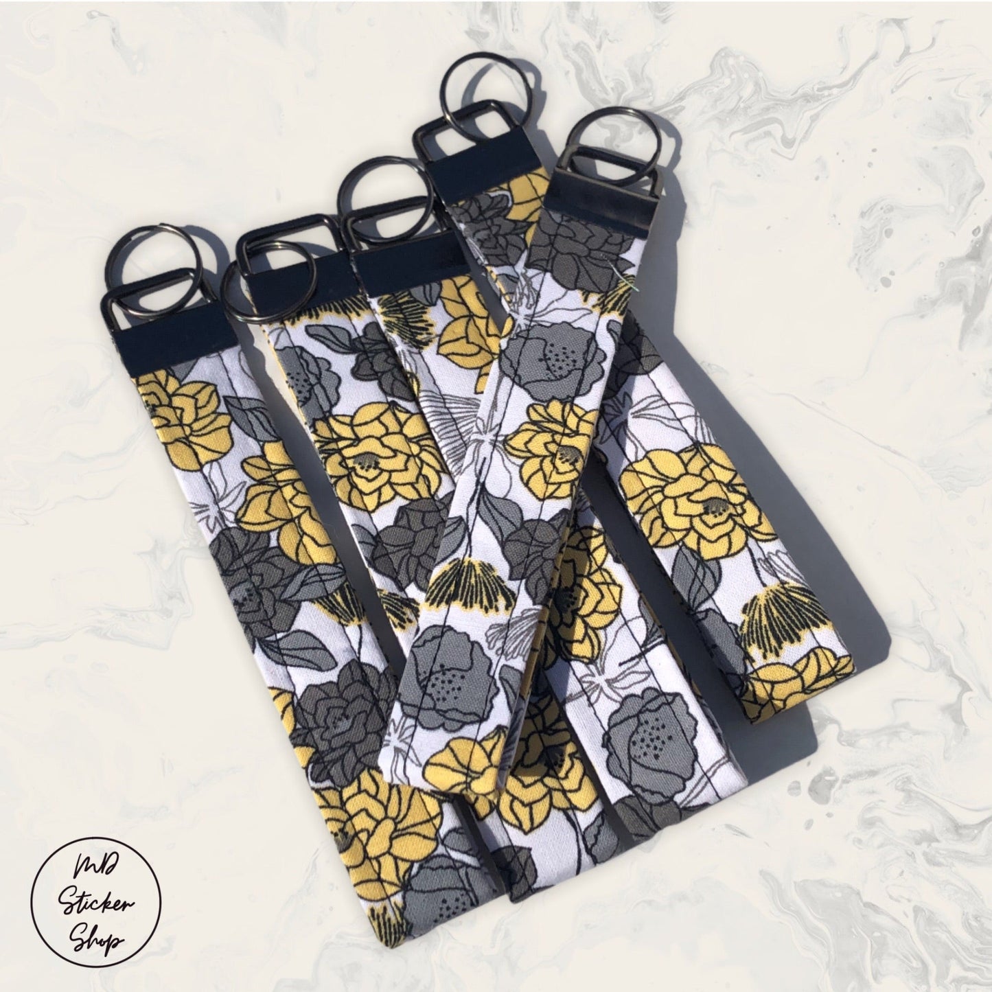 Yellow and Grey Floral Print Fabric Wristlet Keychain, Key Fob