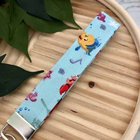 Flounder + Sebastian Little Mermaid Print Fabric Wristlet Keychain, Key Fob