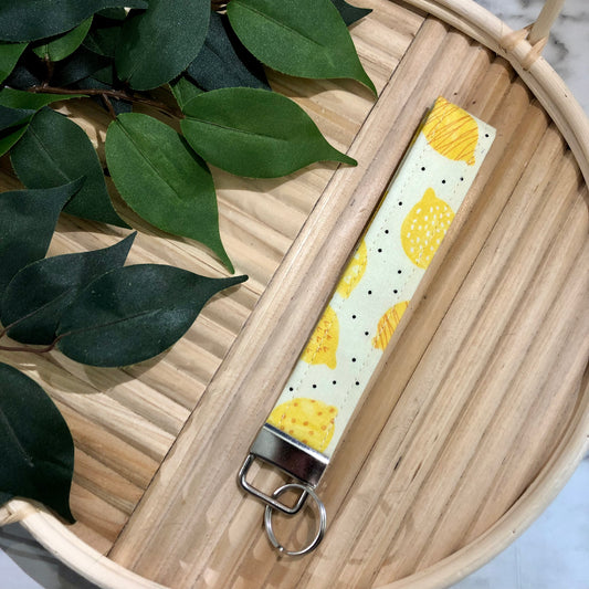 Lemon Dot Print Fabric Keychain, Key Fob