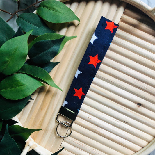 Navy Medium Patriotic Star Print Fabric Wristlet Keychain, Key Fob