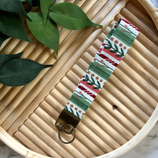 Winter Stripe Print Fabric Keychain, Key Fob