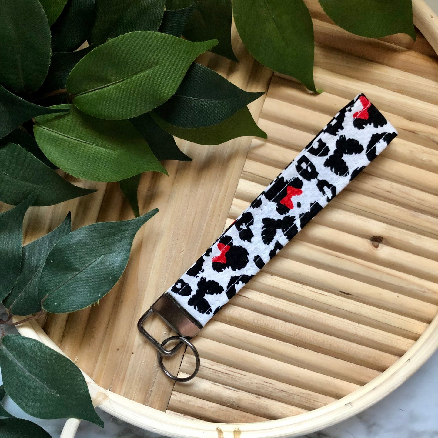 Minnie Leopard Print Fabric Wristlet Keychain, Key Fob