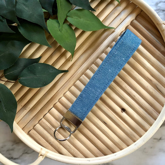 Blue/Silver Metallic Print Fabric Keychain, Key Fob