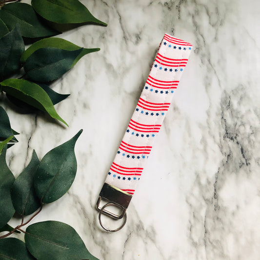 White Swirled Stars and Stripes Patriotic Print Fabric Wristlet Keychain, Key Fob