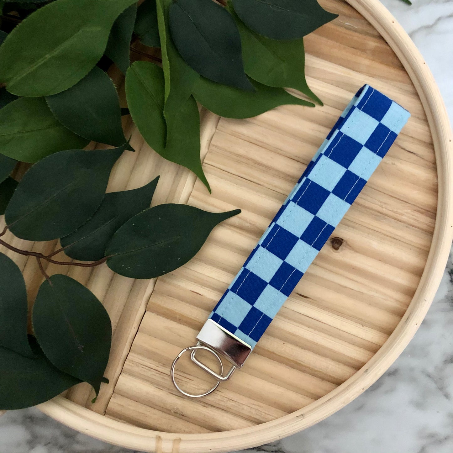 Blue Checkered Print Fabric Wristlet Keychain, Key Fob