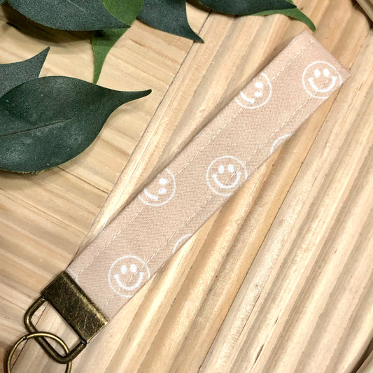 Neutral Smiley Faces Print Fabric Wristlet Keychain, Key Fob