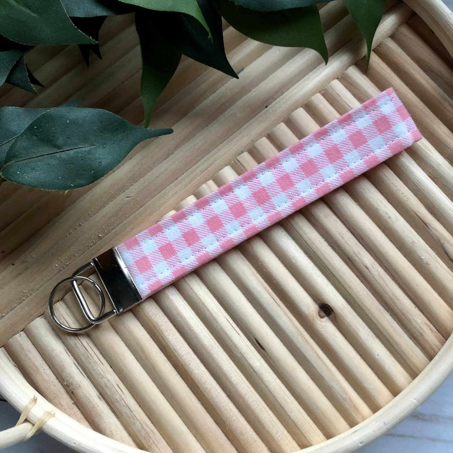 Light Pink Gingham Print Fabric Wristlet Keychain, Key Fob
