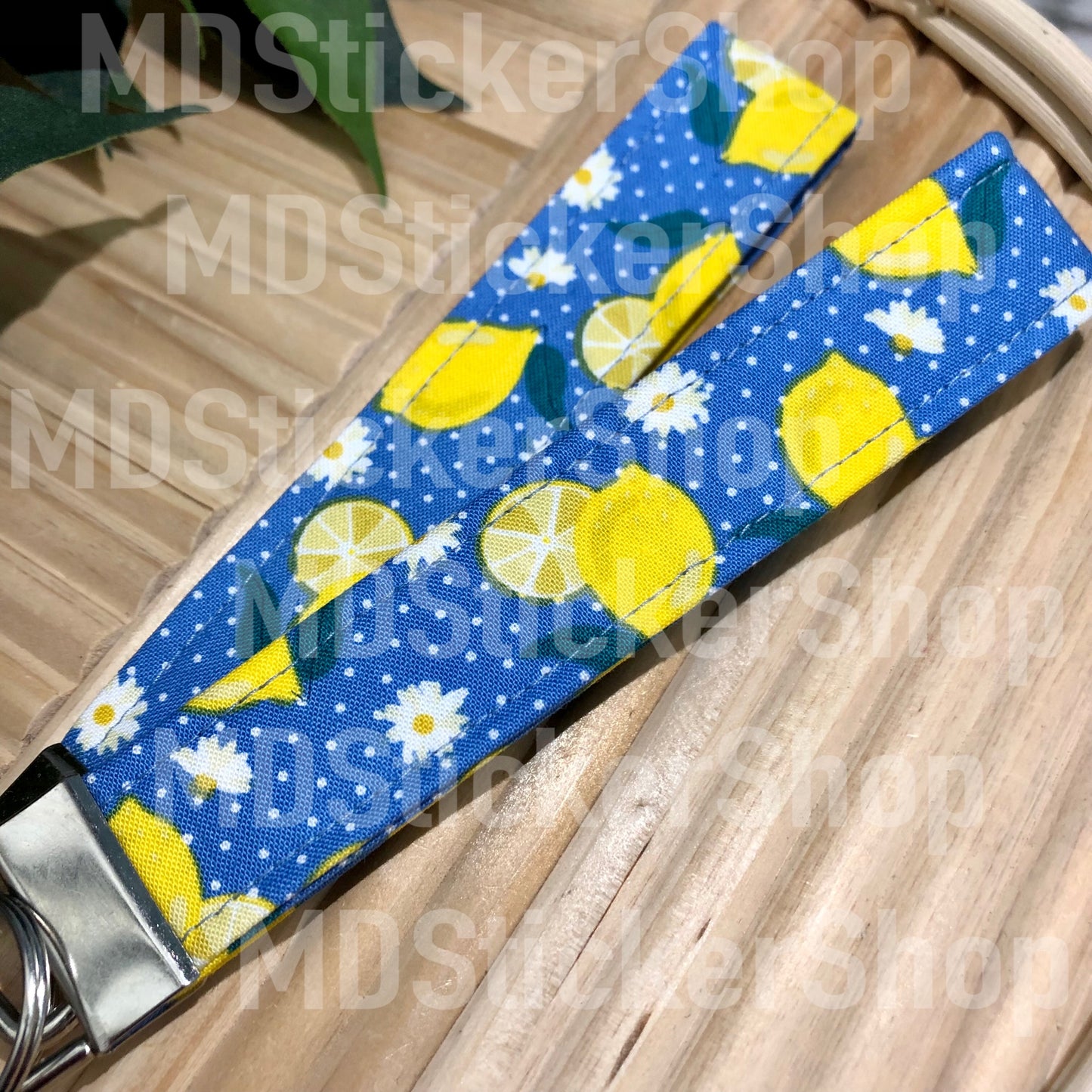 Blue Polka Dot Lemon Print Fabric Keychain