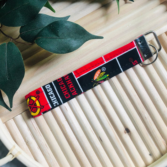 Chicago Blackhawks Hockey Black and Red Block Print Fabric Wristlet Keychain, Key Fob