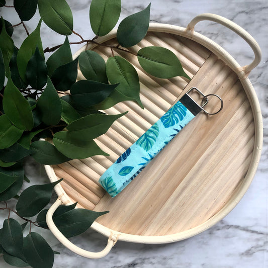 Blue Tropical Print Fabric Wristlet Keychain, Key Fob