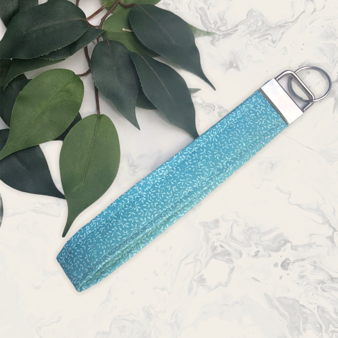 Ombré Blue Glitter Fabric Wristlet Keychain, Key Fob