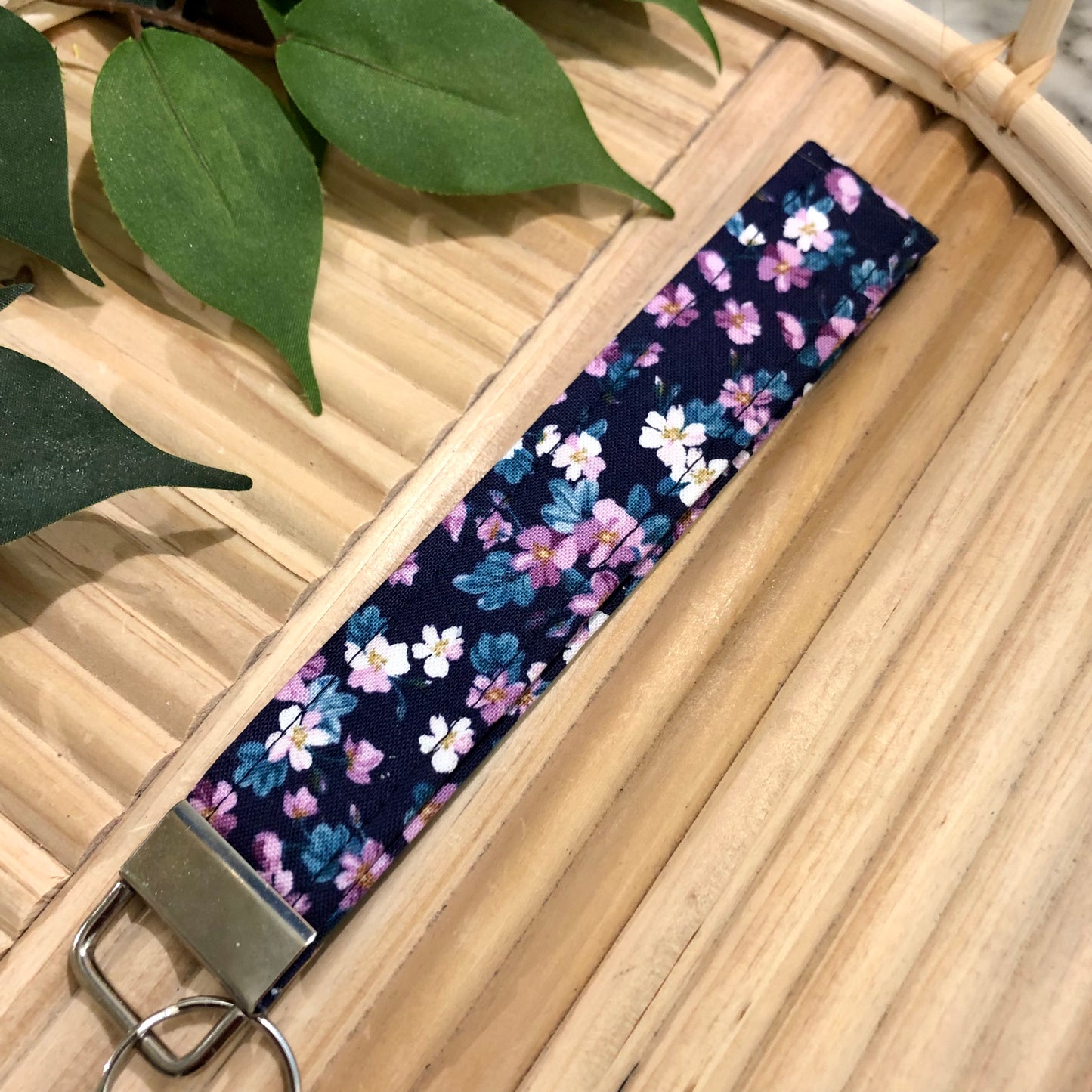 Purple on Navy Floral Print Fabric Keychain, Key Fob